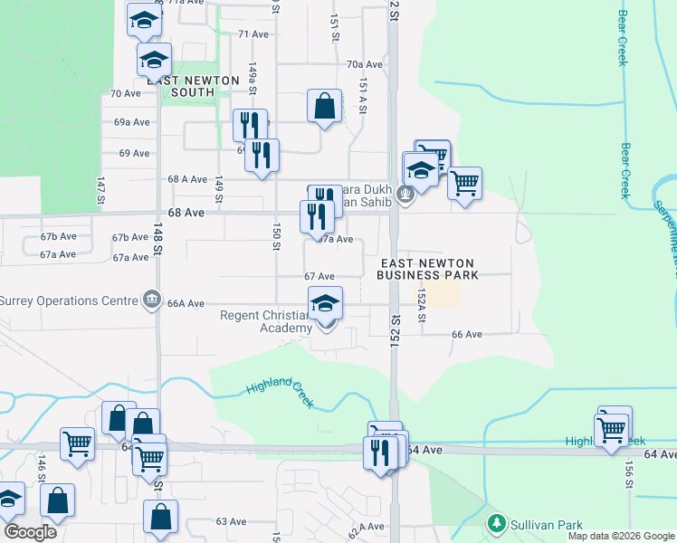 map of restaurants, bars, coffee shops, grocery stores, and more near 15105 67 Avenue in Surrey