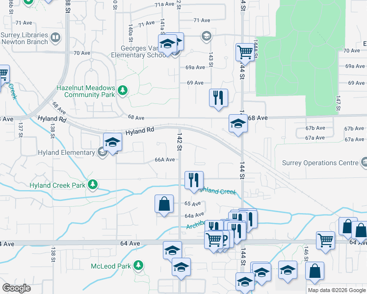 map of restaurants, bars, coffee shops, grocery stores, and more near 14208 67 Avenue in Surrey