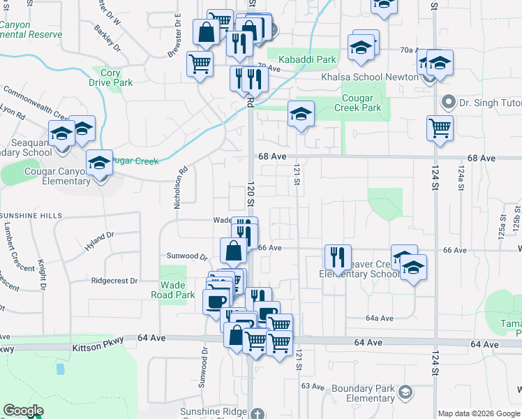 map of restaurants, bars, coffee shops, grocery stores, and more near 6688 120 Street in Surrey