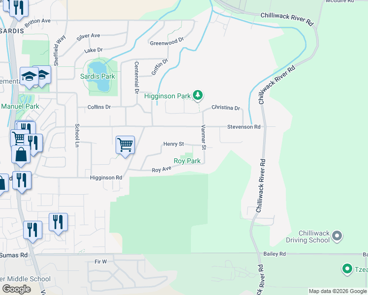 map of restaurants, bars, coffee shops, grocery stores, and more near 6792 Henry Street in Chilliwack