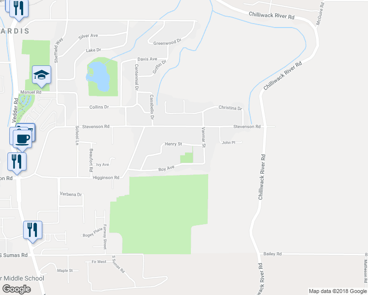 map of restaurants, bars, coffee shops, grocery stores, and more near 6792 Henry Street in Chilliwack