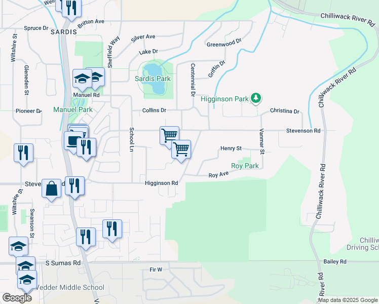 map of restaurants, bars, coffee shops, grocery stores, and more near 46069 Higginson Road in Chilliwack