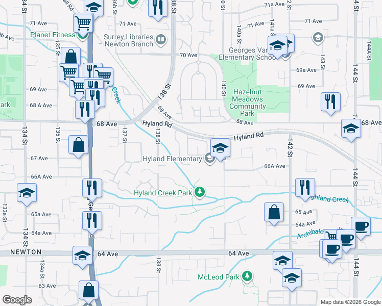 map of restaurants, bars, coffee shops, grocery stores, and more near 13900 Hyland Road in Surrey