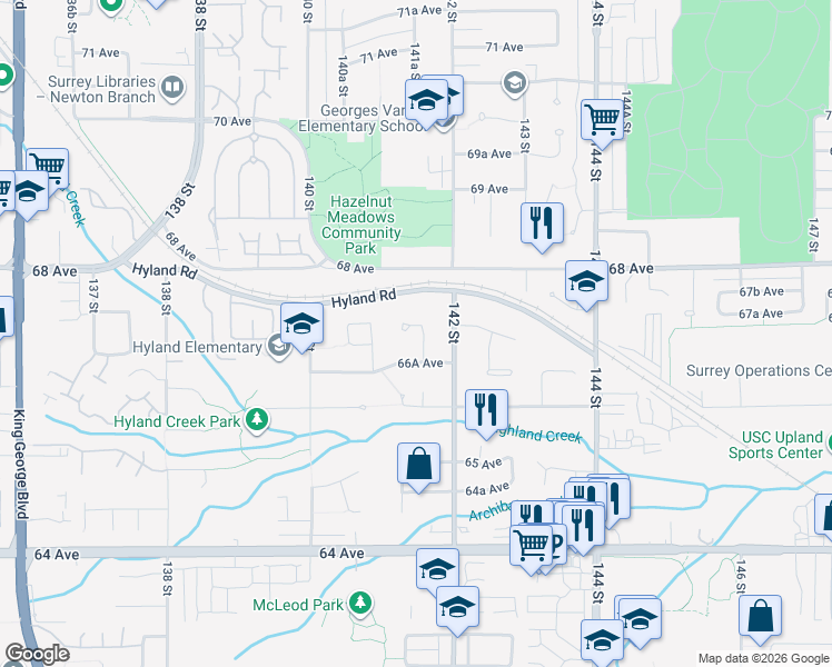 map of restaurants, bars, coffee shops, grocery stores, and more near 6697 141A Street in Surrey