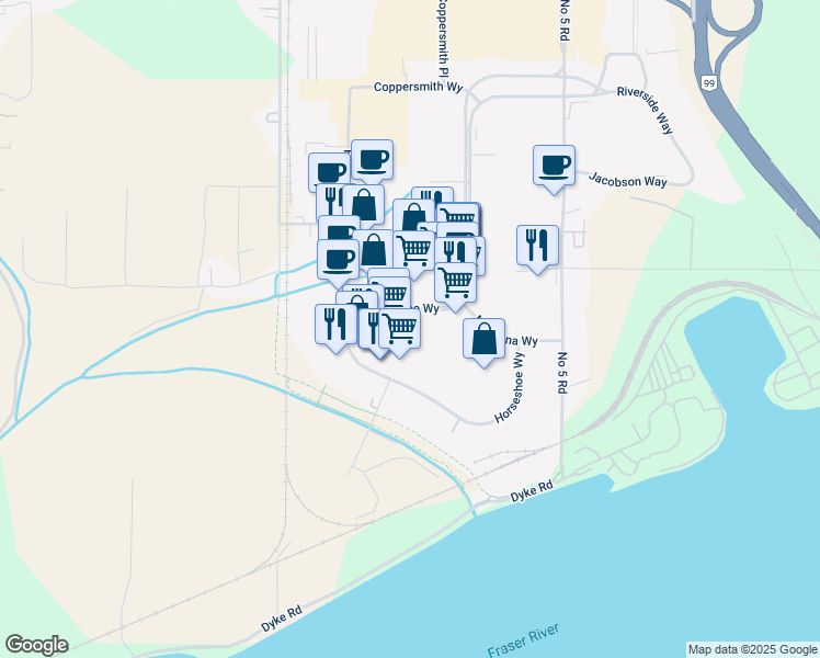 map of restaurants, bars, coffee shops, grocery stores, and more near 12148 Horseshoe Way in Richmond