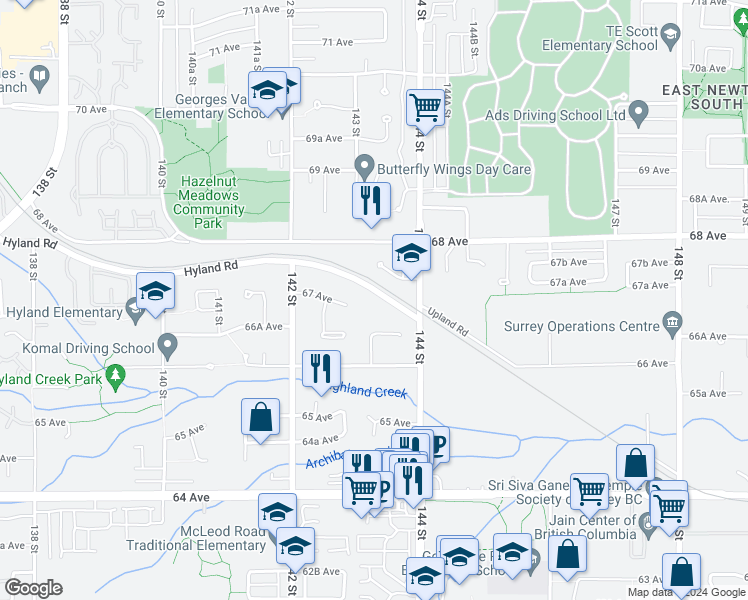 map of restaurants, bars, coffee shops, grocery stores, and more near 14332 Hyland Road in Surrey