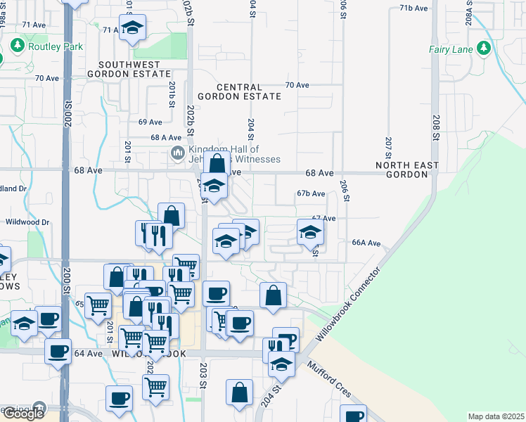 map of restaurants, bars, coffee shops, grocery stores, and more near 20426 67A Avenue in Langley