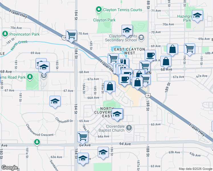 map of restaurants, bars, coffee shops, grocery stores, and more near 18569 67 Avenue in Surrey