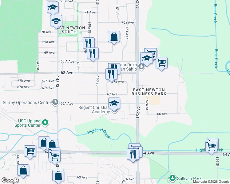 map of restaurants, bars, coffee shops, grocery stores, and more near 15091 67 Avenue in Surrey