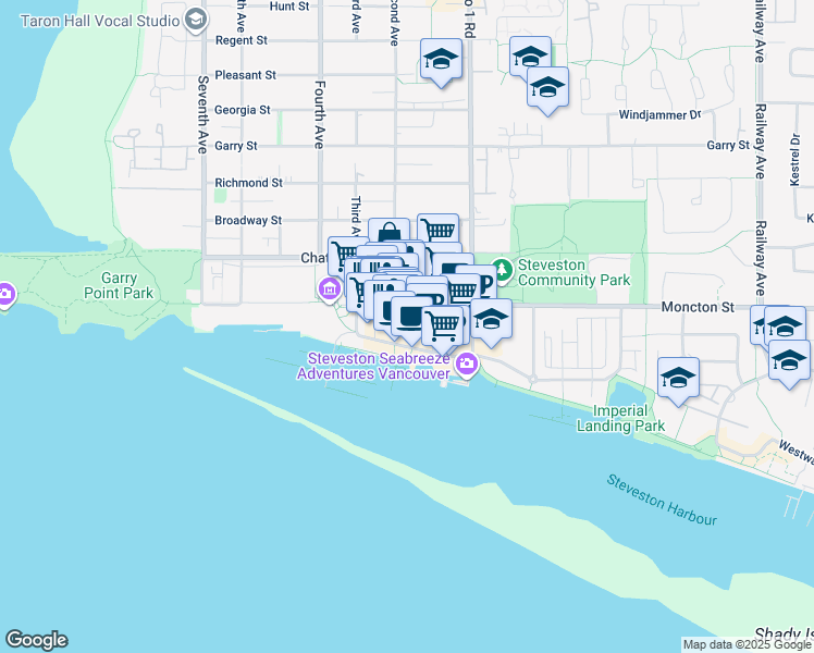 map of restaurants, bars, coffee shops, grocery stores, and more near 3560 Moncton Street in Richmond