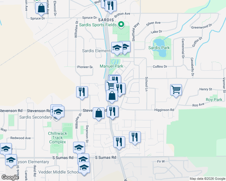 map of restaurants, bars, coffee shops, grocery stores, and more near 6640 Vedder Road in Chilliwack