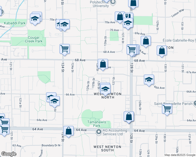 map of restaurants, bars, coffee shops, grocery stores, and more near 12591 66B Avenue in Surrey
