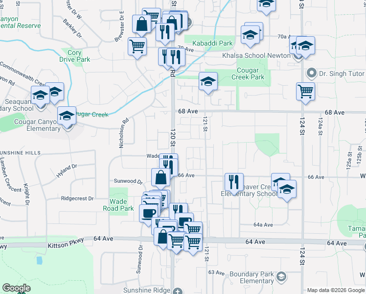 map of restaurants, bars, coffee shops, grocery stores, and more near 6688 120 Street in Surrey