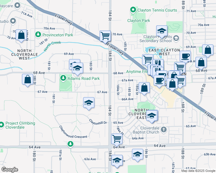 map of restaurants, bars, coffee shops, grocery stores, and more near 6727 184 Street in Surrey