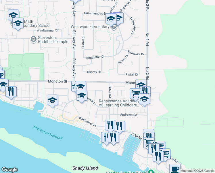 map of restaurants, bars, coffee shops, grocery stores, and more near 12131 Trites Road in Richmond