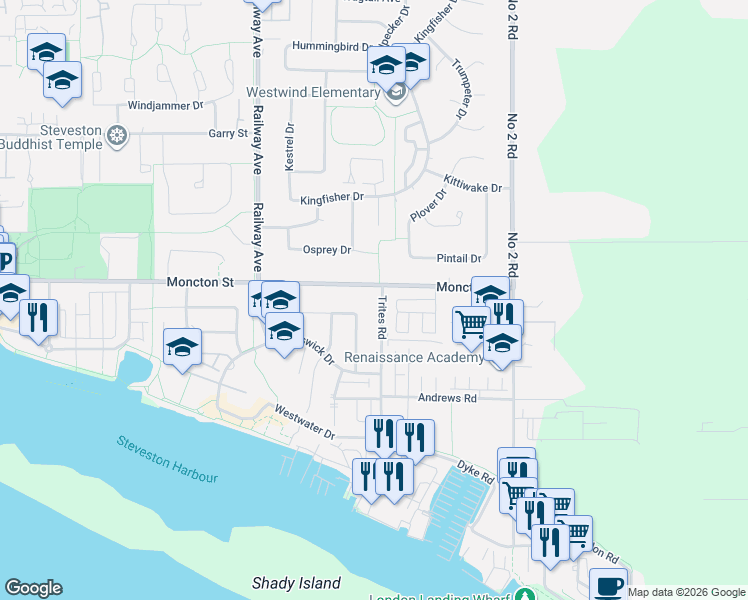 map of restaurants, bars, coffee shops, grocery stores, and more near 12111 Trites Road in Richmond