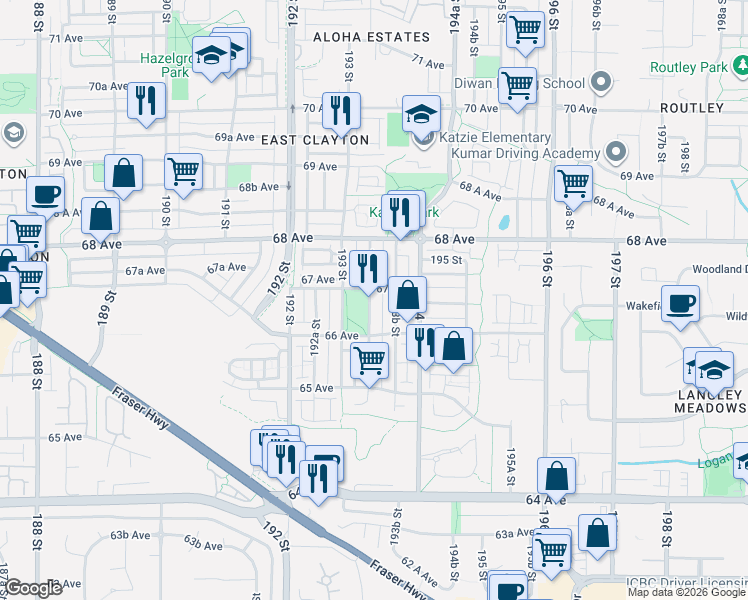map of restaurants, bars, coffee shops, grocery stores, and more near 6690 193A Street in Surrey