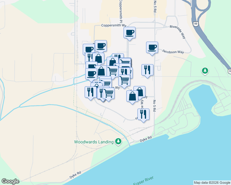 map of restaurants, bars, coffee shops, grocery stores, and more near 12128 Horseshoe Way in Richmond