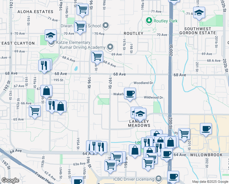 map of restaurants, bars, coffee shops, grocery stores, and more near 2303 Wakefield Drive in Langley