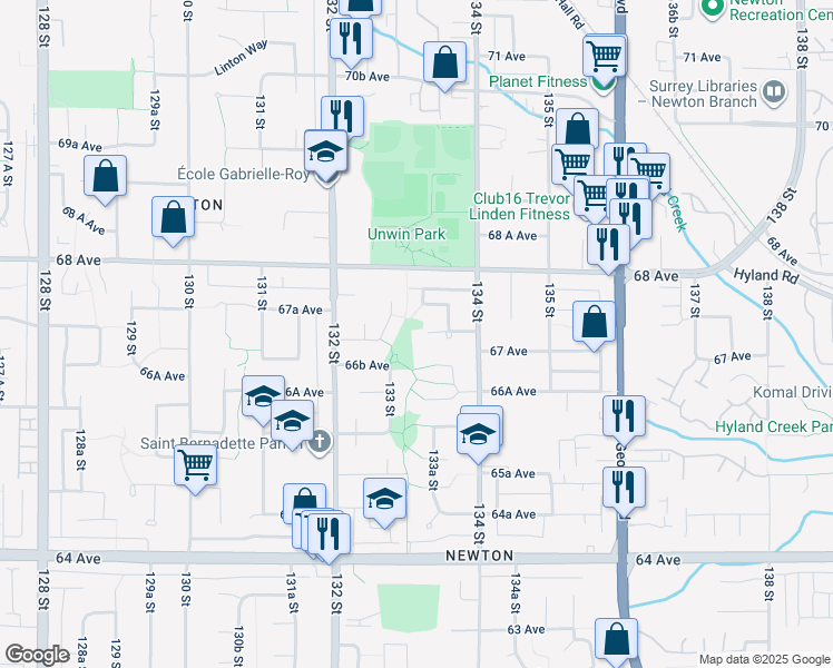 map of restaurants, bars, coffee shops, grocery stores, and more near 13308 67A Avenue in Surrey