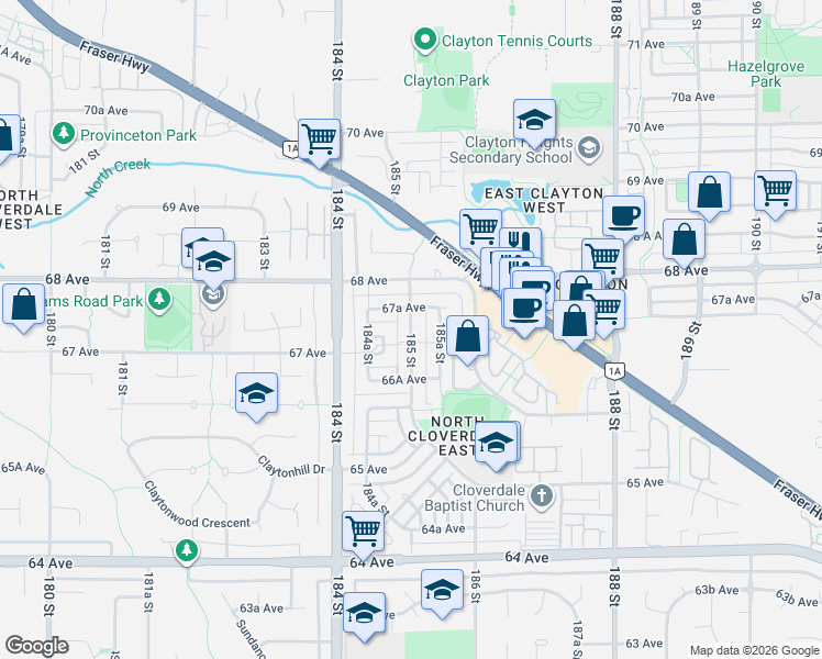 map of restaurants, bars, coffee shops, grocery stores, and more near 6689 185 Street in Surrey