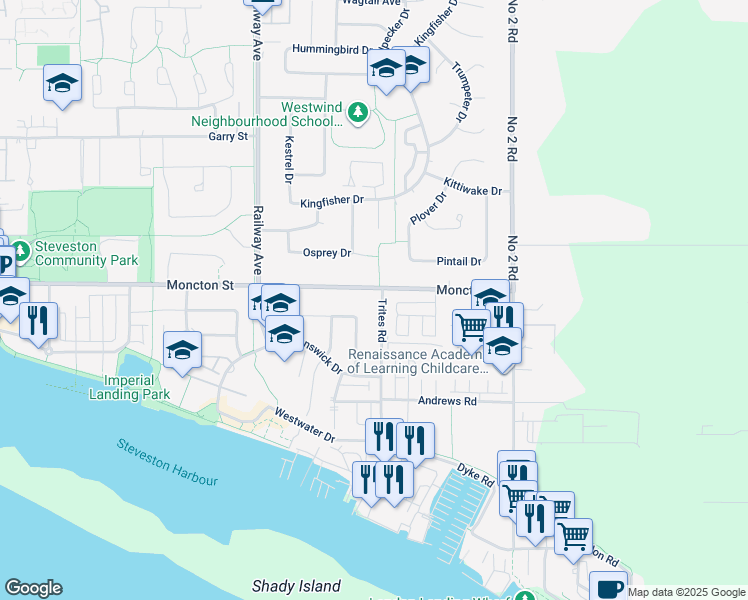 map of restaurants, bars, coffee shops, grocery stores, and more near 12111 Trites Road in Richmond