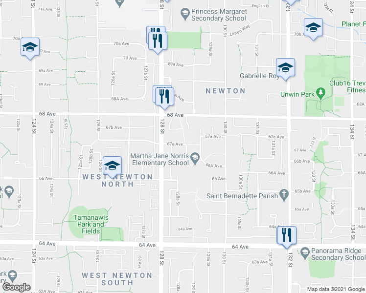map of restaurants, bars, coffee shops, grocery stores, and more near 6715 128B Street in Surrey
