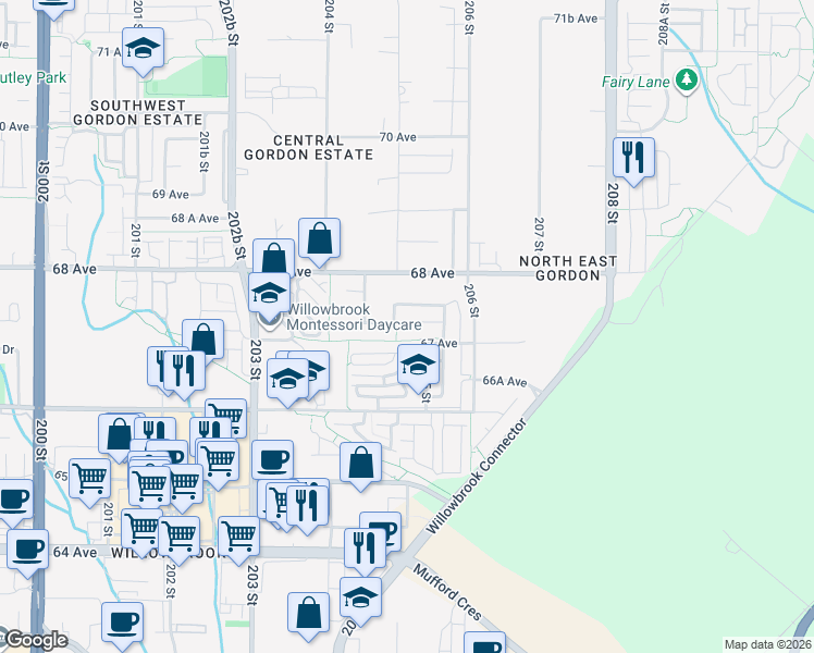 map of restaurants, bars, coffee shops, grocery stores, and more near 20484 67A Avenue in Langley