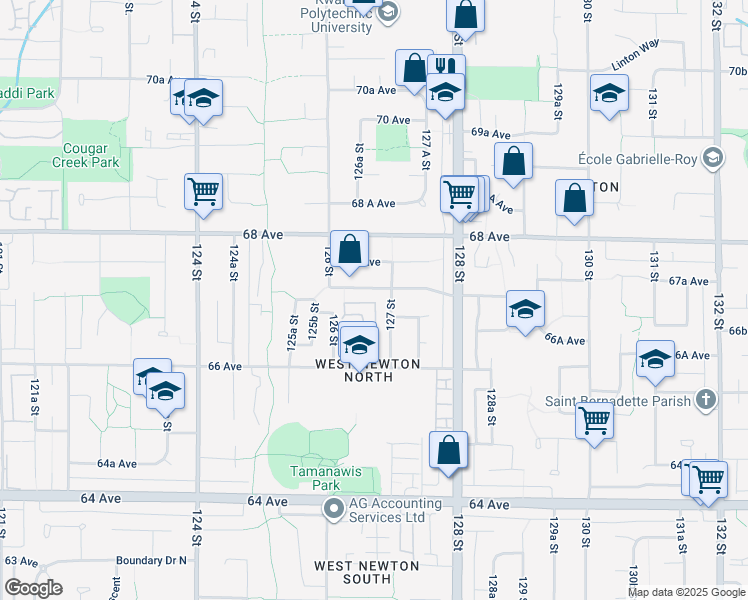 map of restaurants, bars, coffee shops, grocery stores, and more near 12672 67A Avenue in Surrey