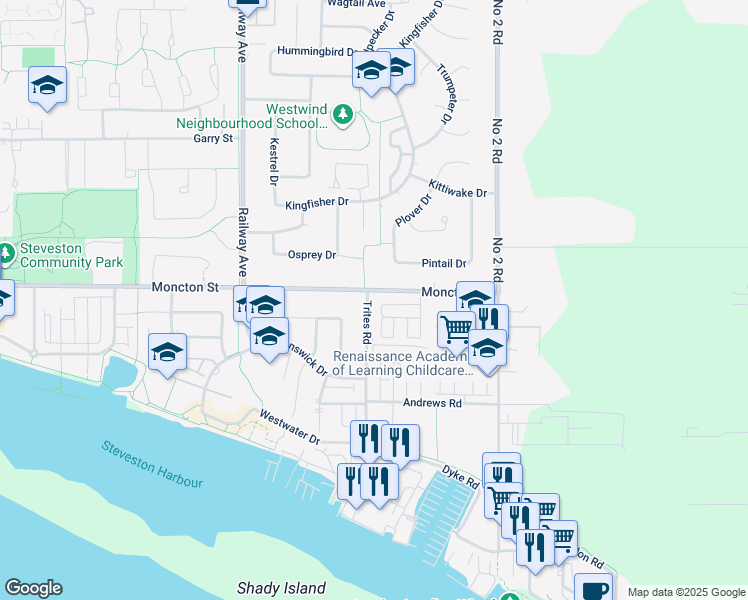 map of restaurants, bars, coffee shops, grocery stores, and more near 12222 Trites Road in Richmond