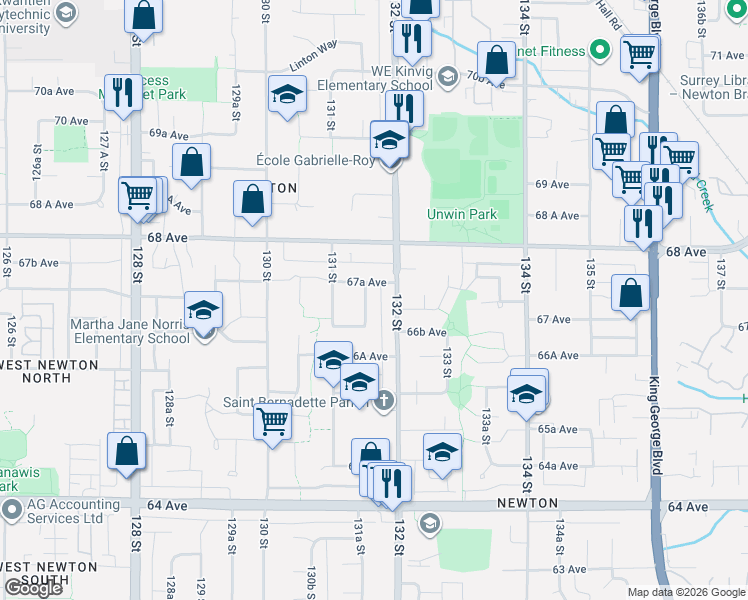 map of restaurants, bars, coffee shops, grocery stores, and more near 6712 131A Street in Surrey
