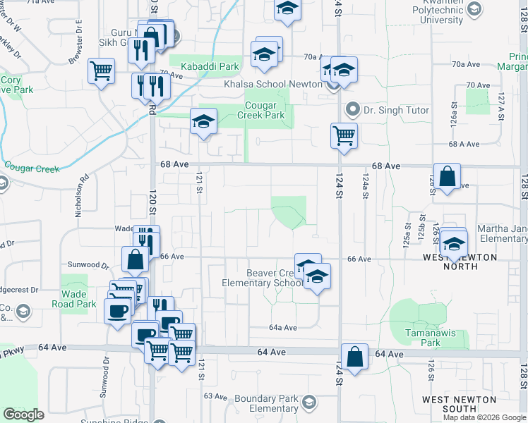 map of restaurants, bars, coffee shops, grocery stores, and more near 6707 122A Street in Surrey