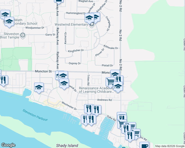 map of restaurants, bars, coffee shops, grocery stores, and more near 5466 Moncton Street in Richmond