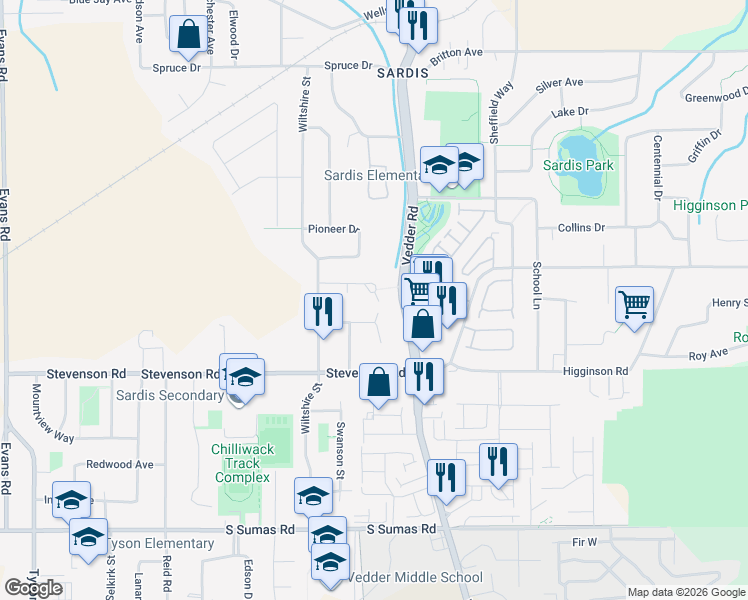 map of restaurants, bars, coffee shops, grocery stores, and more near 45620 Worthington Place in Chilliwack