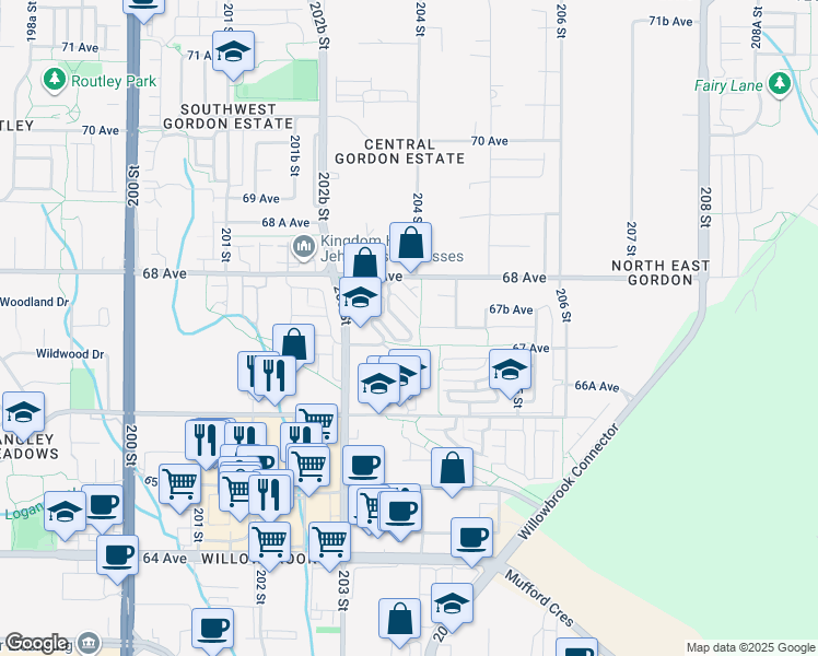 map of restaurants, bars, coffee shops, grocery stores, and more near 20350 68 Avenue in Langley