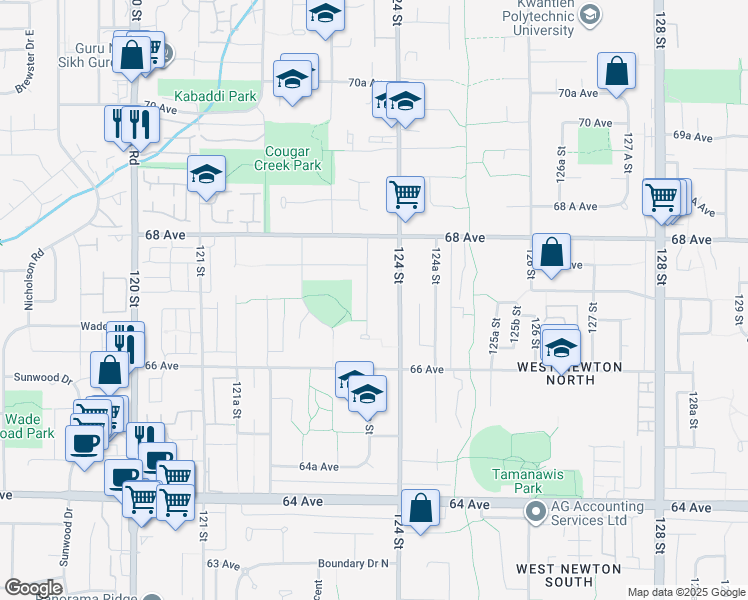 map of restaurants, bars, coffee shops, grocery stores, and more near 6704 123A Street in Surrey