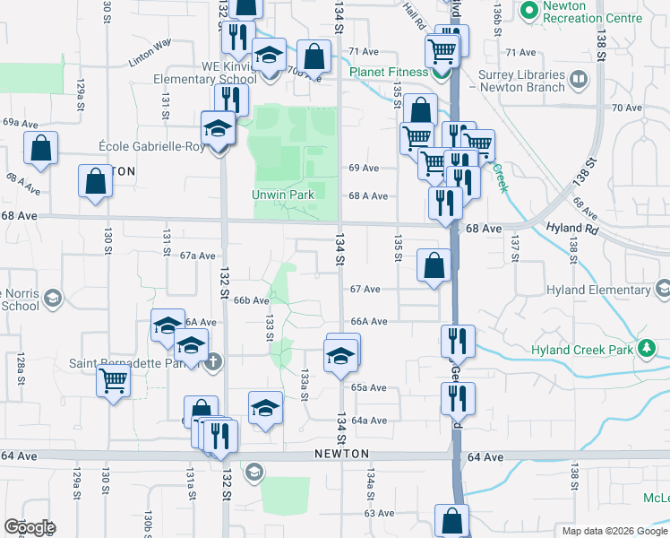 map of restaurants, bars, coffee shops, grocery stores, and more near 6719 134 Street in Surrey