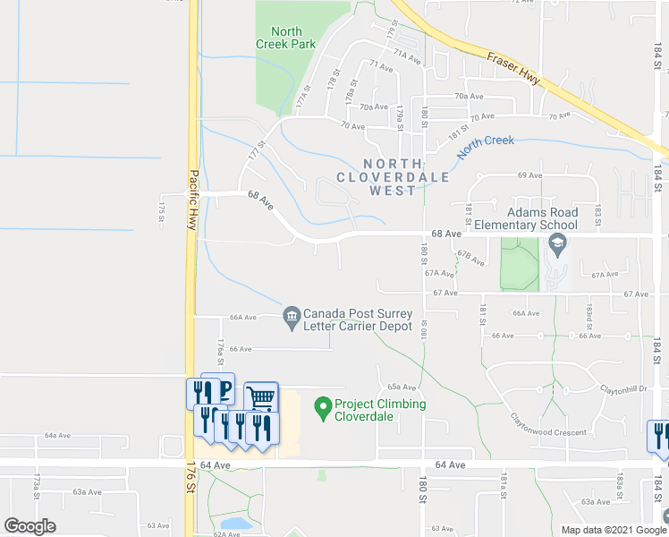 map of restaurants, bars, coffee shops, grocery stores, and more near 6753 178B Street in Surrey