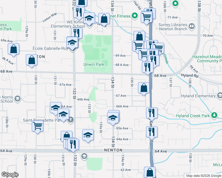 map of restaurants, bars, coffee shops, grocery stores, and more near 6719 134 Street in Surrey