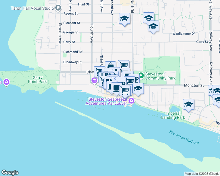 map of restaurants, bars, coffee shops, grocery stores, and more near 3560 Moncton Street in Richmond