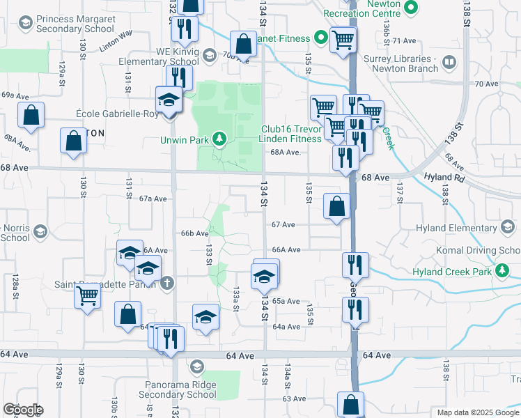 map of restaurants, bars, coffee shops, grocery stores, and more near 6719 134 Street in Surrey