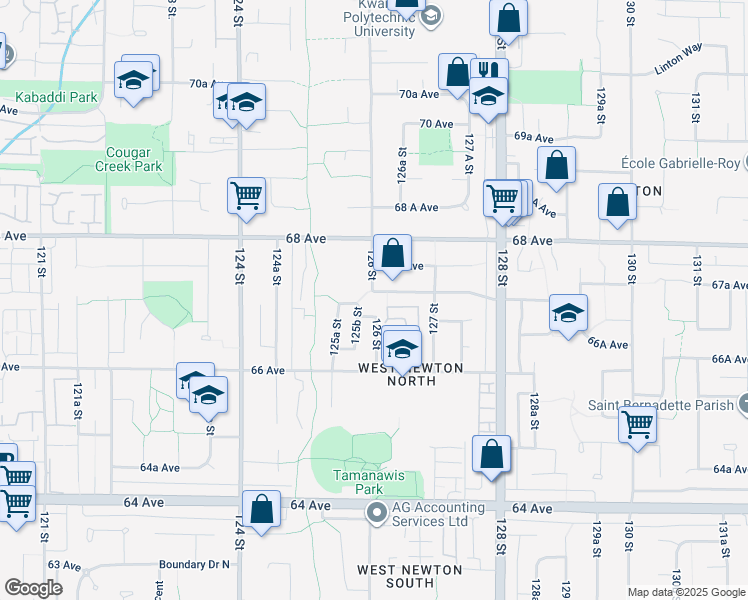 map of restaurants, bars, coffee shops, grocery stores, and more near 12608 67A Avenue in Surrey