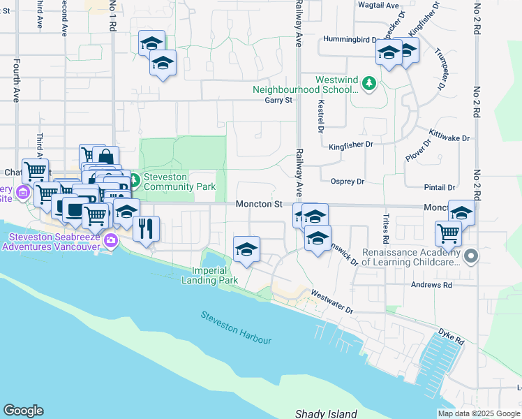 map of restaurants, bars, coffee shops, grocery stores, and more near 4660 Moncton Street in Richmond