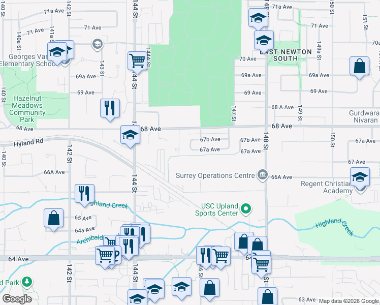 map of restaurants, bars, coffee shops, grocery stores, and more near 14570 67A Avenue in Surrey