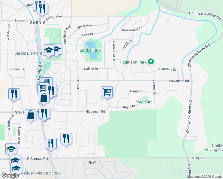 map of restaurants, bars, coffee shops, grocery stores, and more near 46073 Higginson Road in Chilliwack