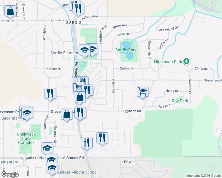 map of restaurants, bars, coffee shops, grocery stores, and more near 6755 School Lane in Chilliwack
