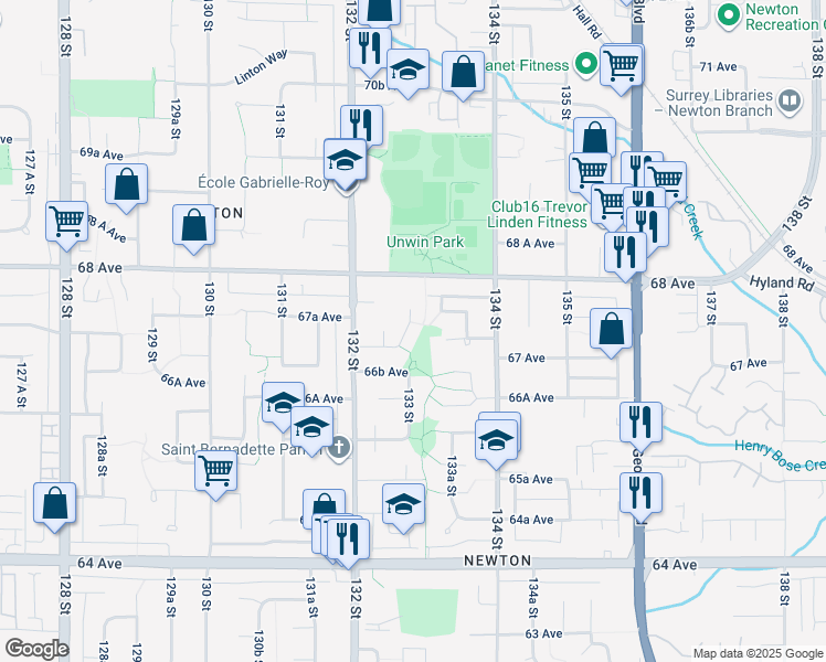 map of restaurants, bars, coffee shops, grocery stores, and more near 6726 133 Street in Surrey