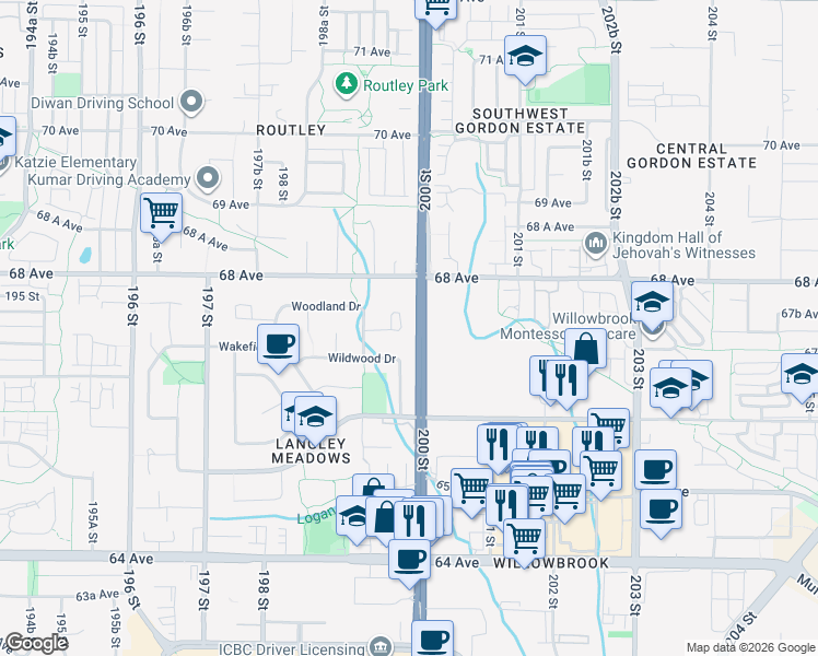 map of restaurants, bars, coffee shops, grocery stores, and more near 2922 Wiggins Place in Langley