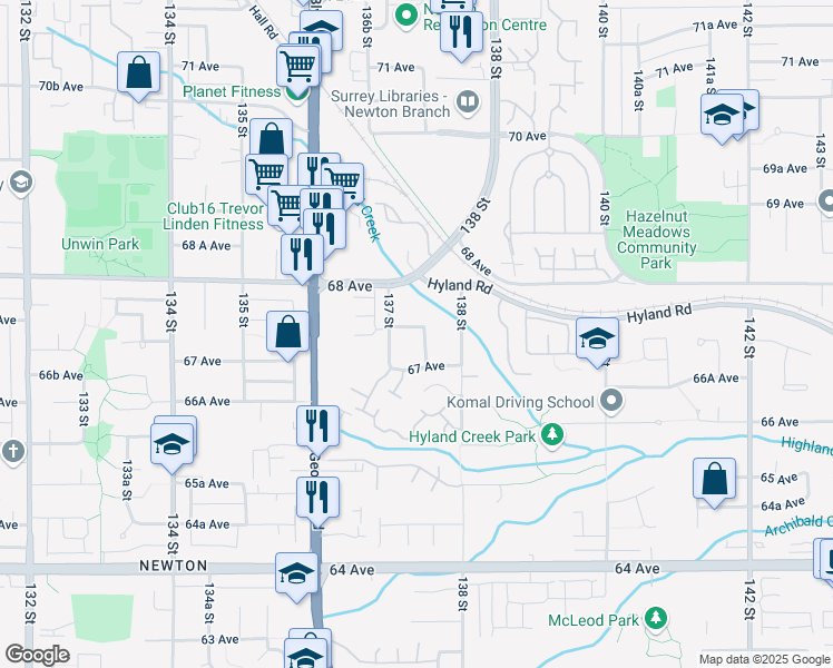 map of restaurants, bars, coffee shops, grocery stores, and more near 6747 137 A Street in Surrey