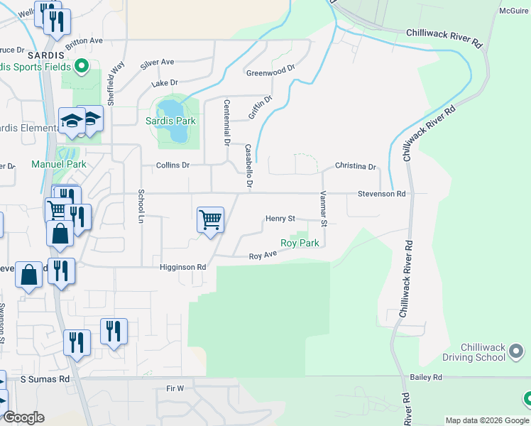 map of restaurants, bars, coffee shops, grocery stores, and more near 6761 Henry Street in Chilliwack